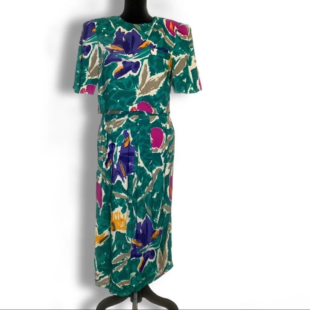 VLP Petites Sheath Blouson Dress Women's 8 Green Floral Print Union Made Vintage